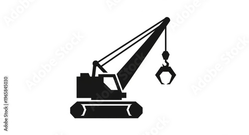 Silhouette of a Crane with Grapple Hook for Heavy Lifting.