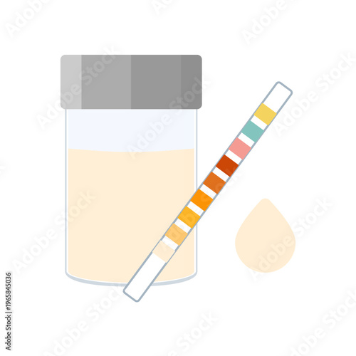 Urine sample cup and urinalysis reagent strip for kidney exam, urinary tract infection and cystitis diagnostics. Ketone and PH rapid test strips for ketogenic and alkaline diets. Vector illustration.