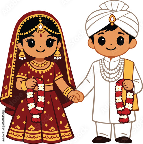 Cute Indian Bride and Groom Holding Hands in Traditional Red Lehenga and White Sherwani with Turban and Flower Garlands, Happy Cartoon Wedding Couple vector illustration
