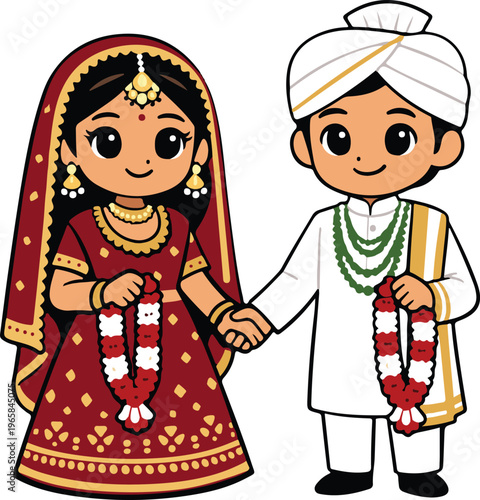 Adorable Indian Bride and Groom in Ornate Red Lehenga with Dupatta and White Kurta with Turban Holding Hands and Floral Garlands, Joyful Cartoon Wedding Couple vector illustration
