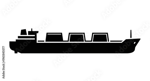 Silhouette of a cargo ship with containers on deck.