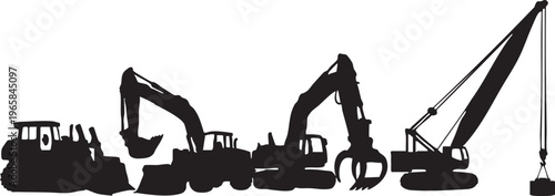 Black silhouette construction vehicles excavators cranes