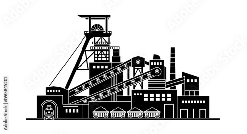 Silhouette of a Coal Mine with Conveyor Belts and Tower.