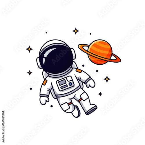 Vector flat design illustration of a cute astronaut floating in space near a colorful planet with stars