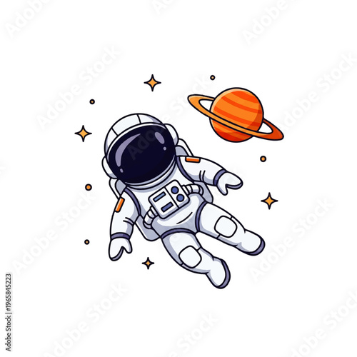 Vector flat design illustration of an astronaut floating in space near a ringed planet with stars
