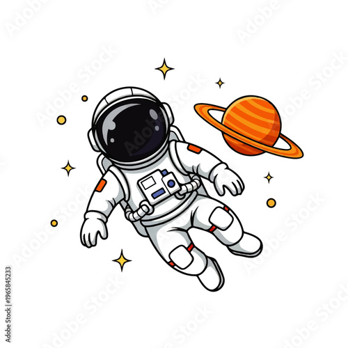 Vector flat design illustration of an astronaut floating in space near a ringed planet with stars