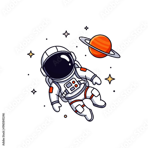 Cute vector flat design illustration of an astronaut floating in space near a ringed planet with stars