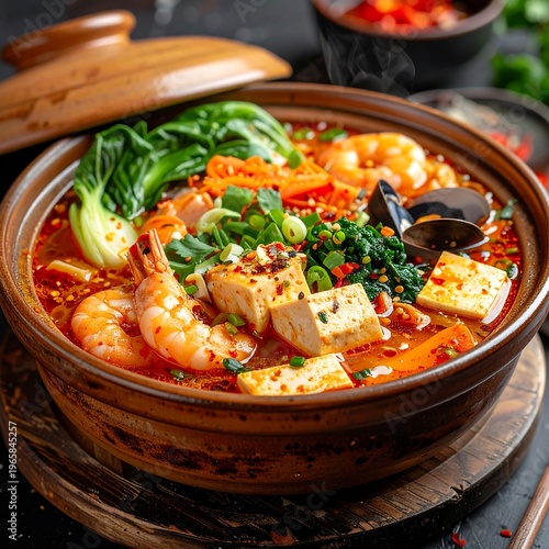 Close-up of steaming seafood stew with shrimp, tofu, and bok choy