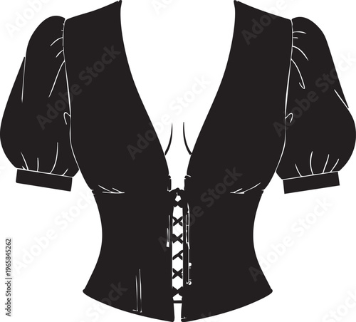 Black silhouette corset with puffy sleeves and lace up front