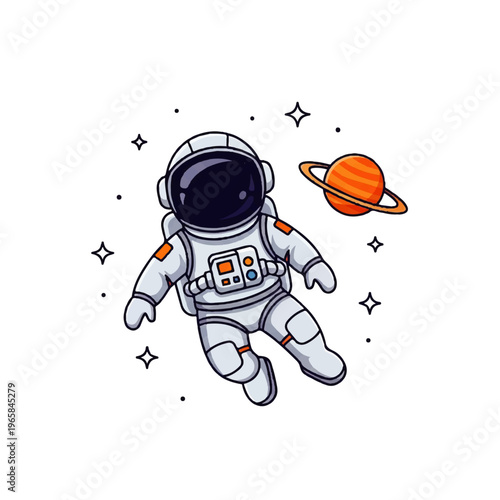Vector flat design illustration of a cute astronaut floating in space near a stylized planet and stars