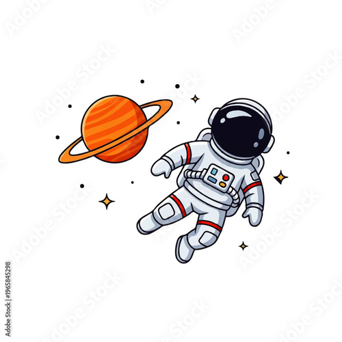 Vector flat design illustration of an astronaut floating in space near a ringed planet with stars