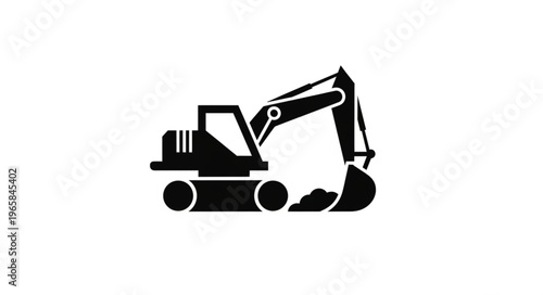 Silhouette of a compact excavator digging and moving earth.