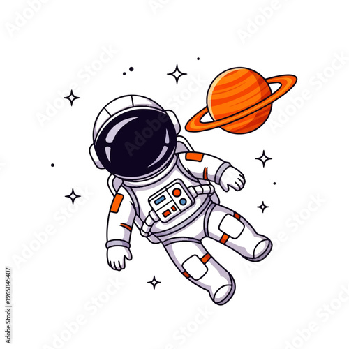 Vector flat design illustration of an astronaut floating in space near a ringed planet with stars