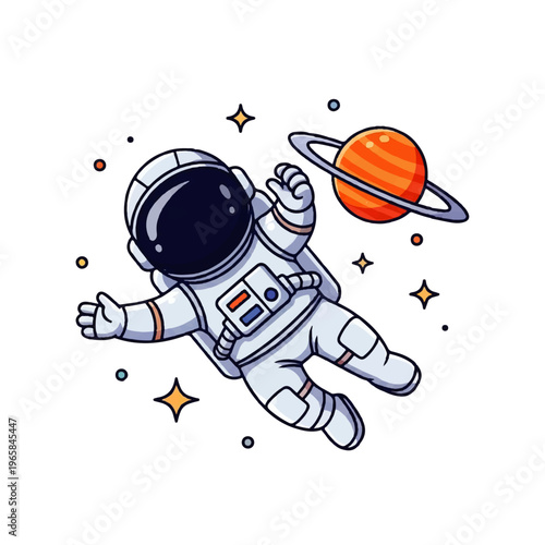Vector flat design illustration of a cute astronaut floating in space near a ringed planet with stars