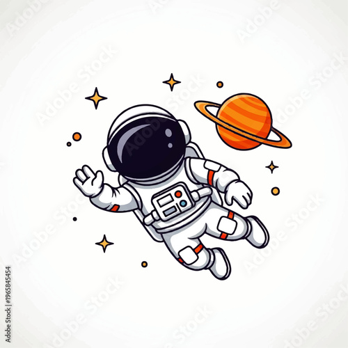 Vector flat design illustration of a cute astronaut floating in space near a ringed planet and stars