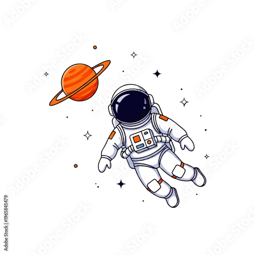 Vector flat design illustration of an astronaut floating in space near a ringed planet with stars