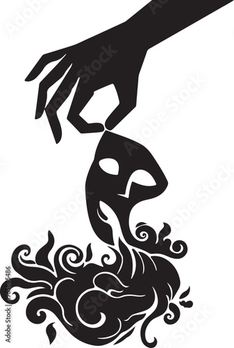 A conceptual black and white illustration showing a hand holding a mask with swirling smoke effects