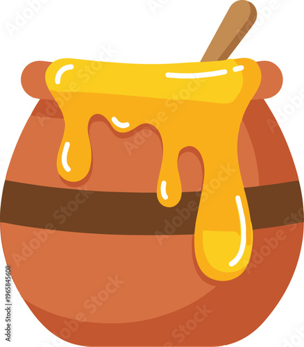 Honey Pot with Dripping Golden Honey and Wooden Dipper, Sweet and Sticky Cartoon Food Vector Illustration
