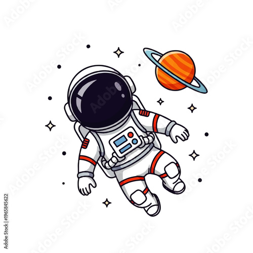 Vector flat design illustration of an astronaut floating in space near a ringed planet with stars