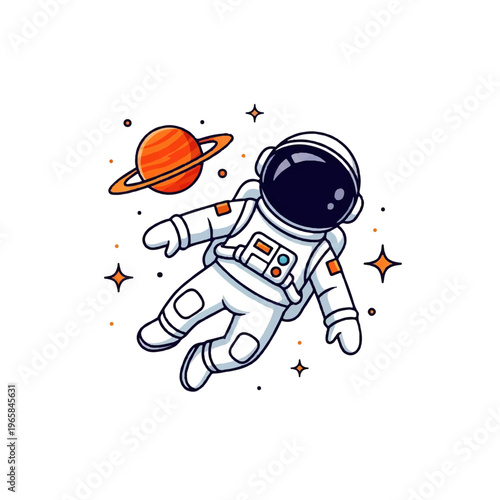 Vector flat design illustration of a cute astronaut floating in space with planets and stars, representing exploration