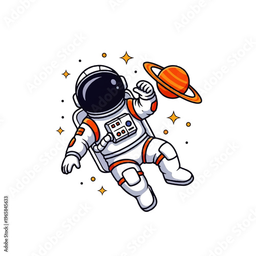 Vector flat design illustration of an astronaut floating in space near a planet with stars