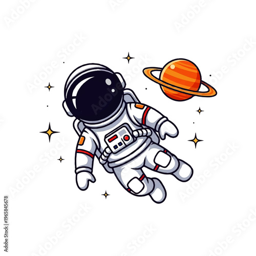 Vector Flat Design Illustration of a cute astronaut floating in space next to a ringed planet with stars