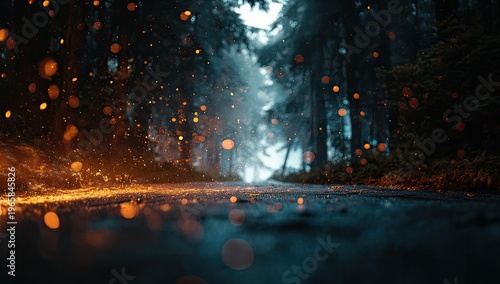 Moody forest scene road ahead amidst tall trees with bokeh lights; foggy, atmospheric landscape