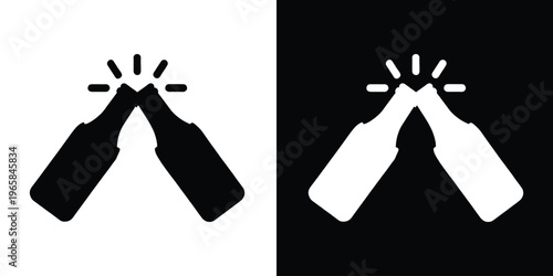 Two beer bottles clinking together, Beer cheers silhouette, Alcohol drink bottle pop vector illustration