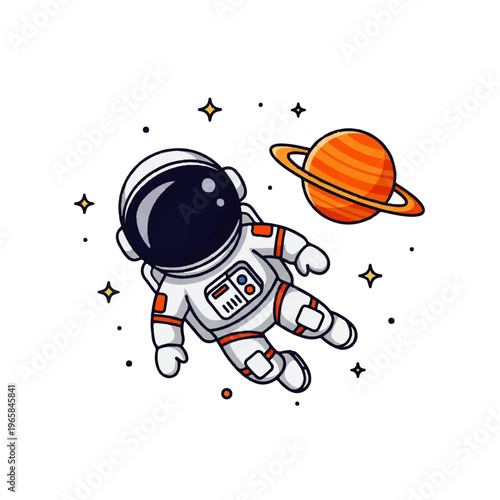 Vector flat design illustration of an astronaut floating in space near a ringed planet with stars