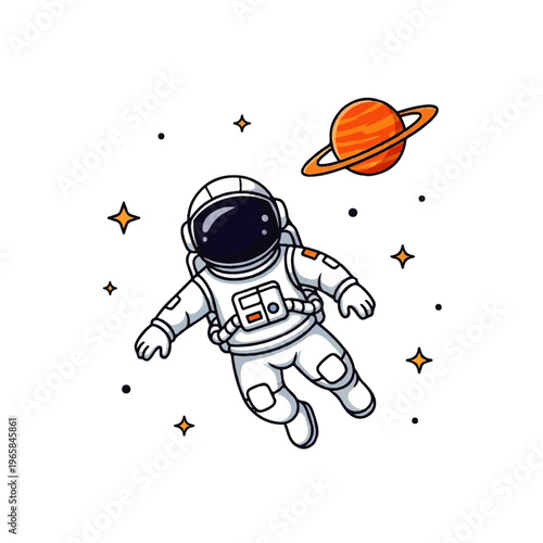 Vector flat design illustration of an astronaut floating in space near a ringed planet and stars