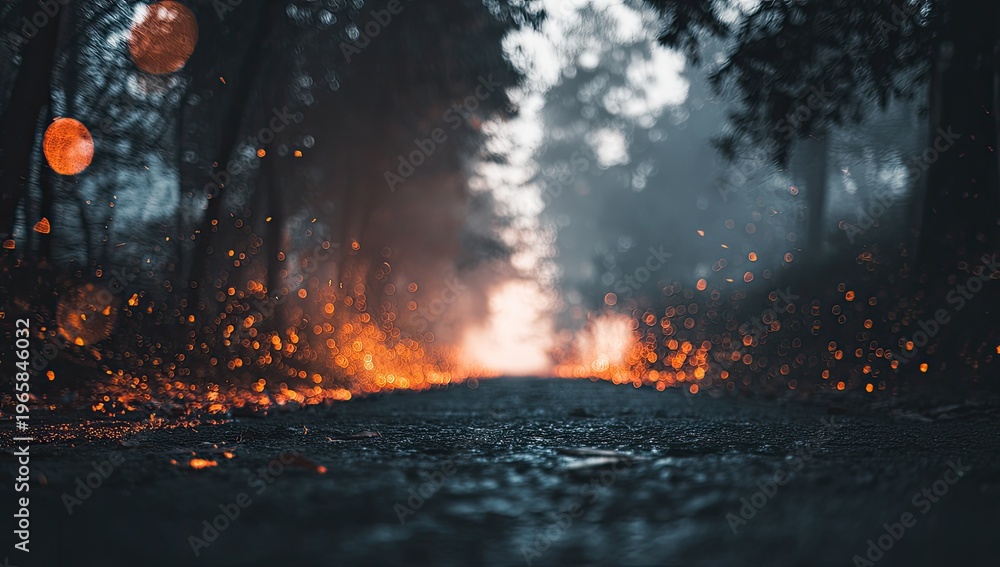 Fototapeta premium A forest path engulfed in glowing orange light and atmospheric mist