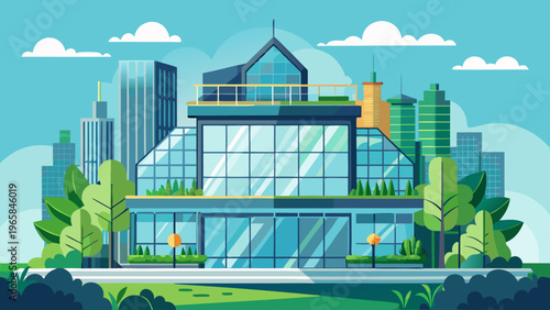Modern Glass Office Building with Green Rooftop and Cityscape Background, Flat Vector Illustration for Business Real Estate and Sustainable Architecture Concept.
