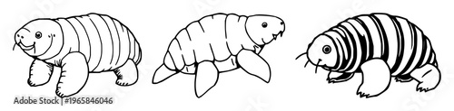 Tardigrade water bear set with black line art on white background featuring microscopic, eight‑legged, translucent creature with detailed body segments and subtle shading