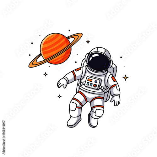 Vector flat design illustration of an astronaut floating in space near a ringed planet, representing exploration