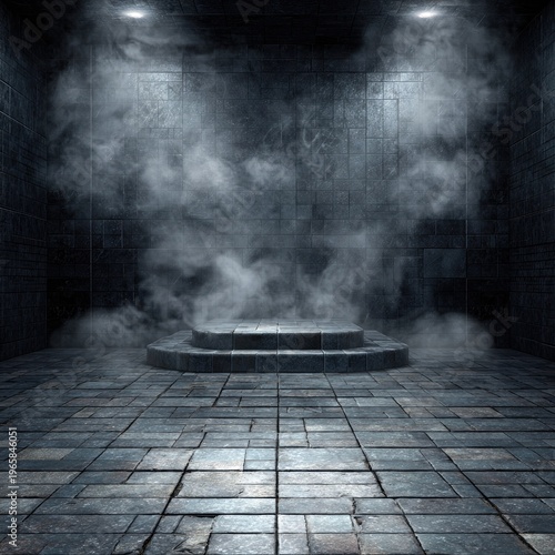 A dimly lit, stone-walled chamber with a raised platform engulfed by ethereal mist