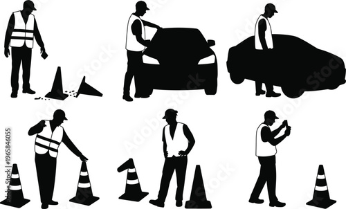 Traffic accident worker silhouettes set, road safety inspection with cones and car vector illustration design