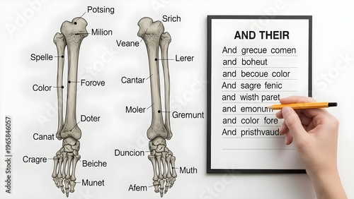 Educational lower limb anatomy illustration with paired tibia and fibula bones labeled beside a clipboard worksheet where a learner highlights terms using a pencil, ideal for leg bone labeling practic