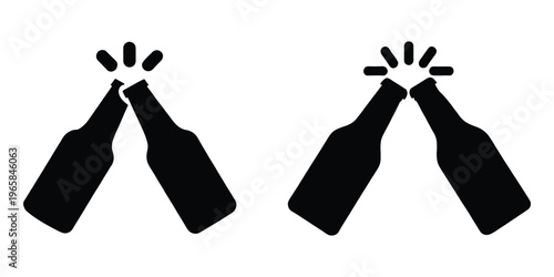 Two beer bottles clinking together, Beer cheers silhouette, Alcohol drink bottle pop vector illustration
