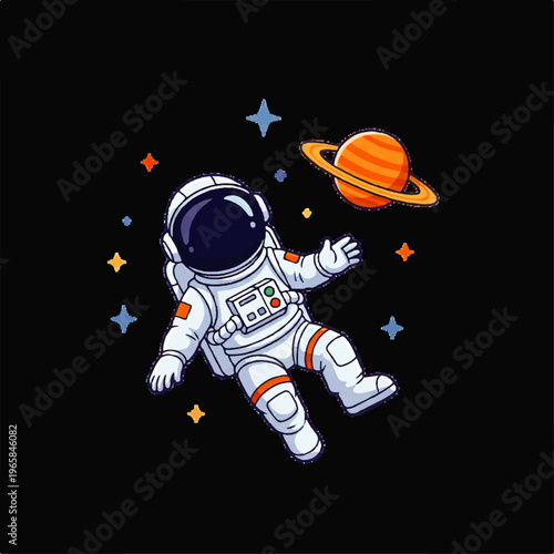 Vector flat design illustration of an astronaut floating in space near a ringed planet surrounded by colorful stars