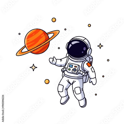 Vector flat design illustration of a cute astronaut floating in space near a ringed planet, exploring the cosmos