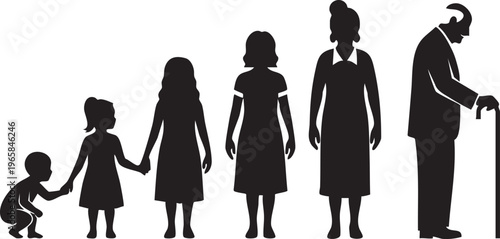 Black silhouette of a family across five generations silhouettes people