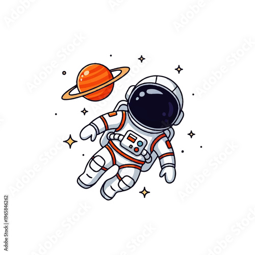 Vector flat design illustration of an astronaut floating in space near a ringed planet with stars