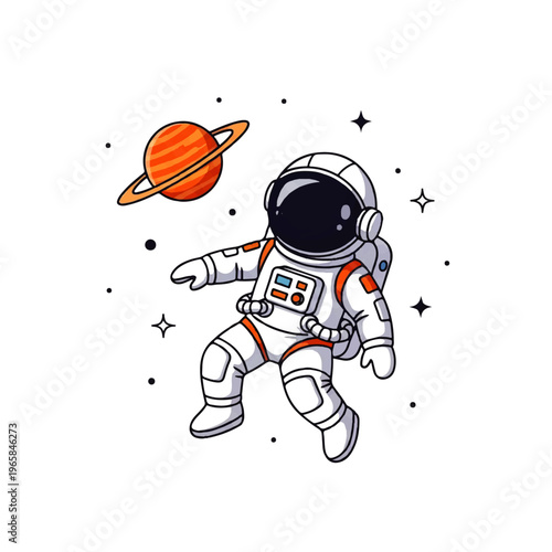 Vector flat design illustration of an astronaut floating in space near a ringed planet with stars
