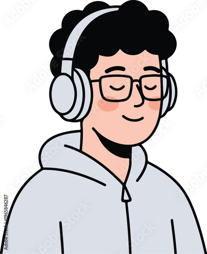 Person with Headphones and Glasses Enjoying Music, Relaxed and Content Modern Flat Design Vector Illustration
