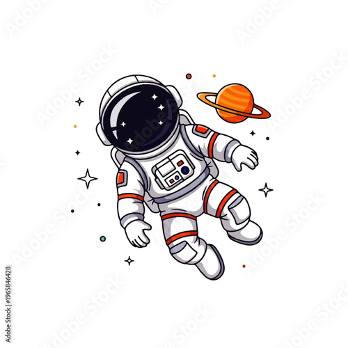Vector flat design illustration of an astronaut floating in space near a planet with stars and sparkles