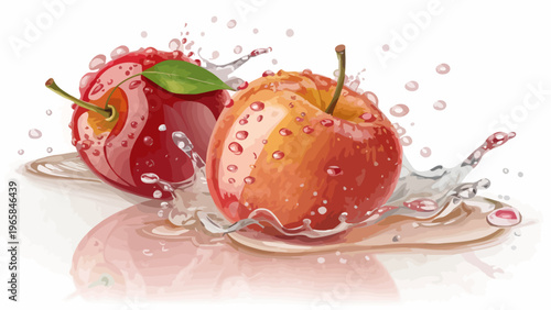 Two juicy red apples splashing in water with reflections and droplets on a white background