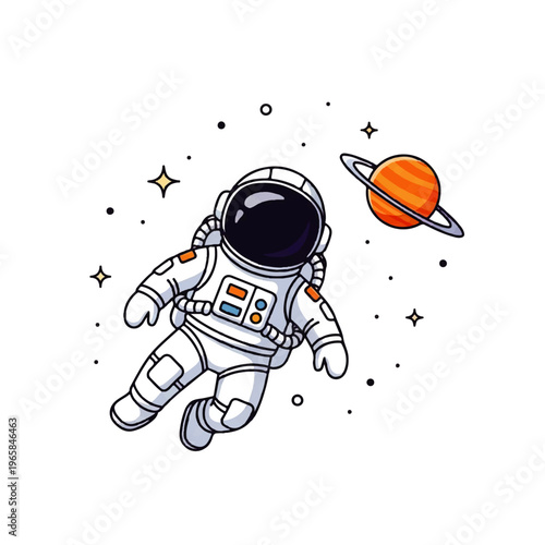Vector flat design illustration of an astronaut floating in space near a ringed planet with stars