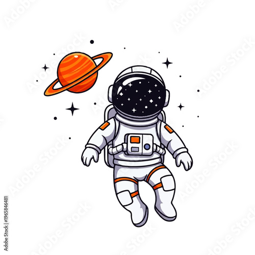 Vector flat design illustration of a cute astronaut floating in space with a ringed planet and stars