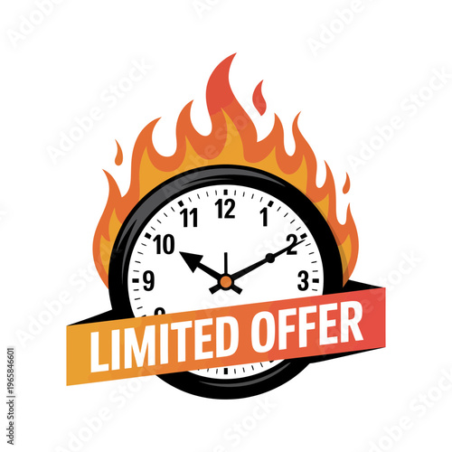 A clock with flames and a limited offer banner on a white background