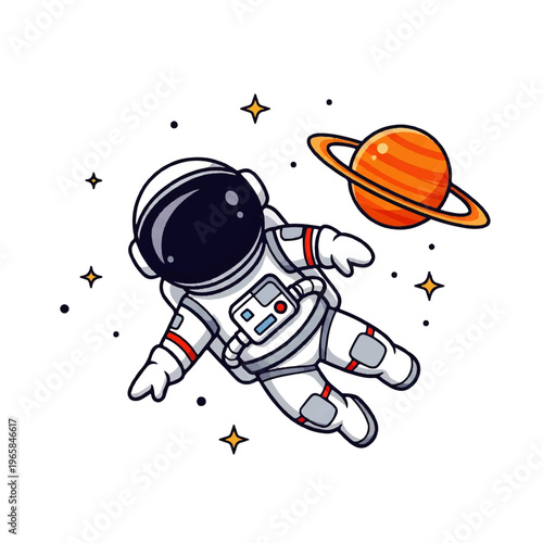 Vector flat design illustration of an astronaut floating in space near a ringed planet, representing exploration